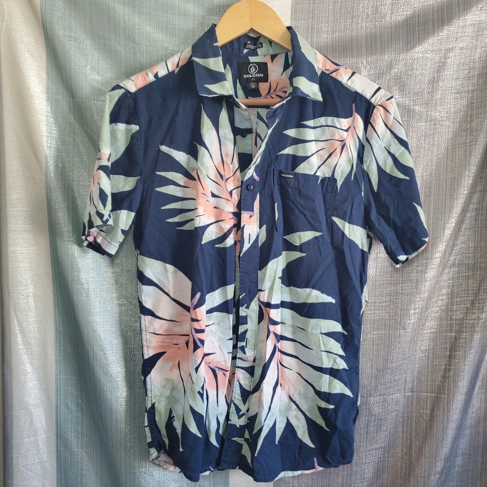Volcom Mens Small Blue Tropical Leaf Print Short Sleeve Button Down Shirt Resort